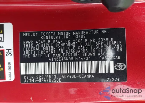 2009 Toyota Camry Le из США, поврежденный, VIN 4T1BE46K99U414731